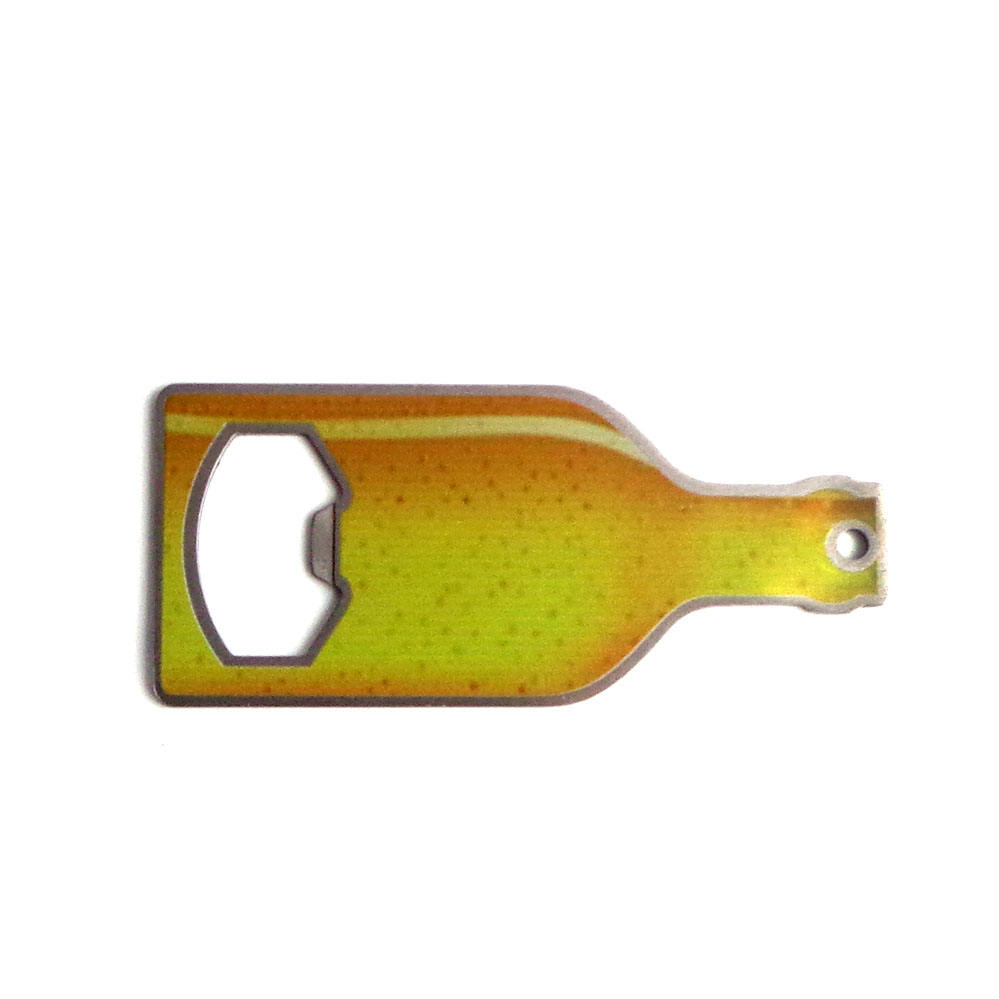 Logo personalizzato su un lato dell'apribottiglie dell'acciaio inossidabile di forma della bottiglia di birra su ordinazione dell'OEM